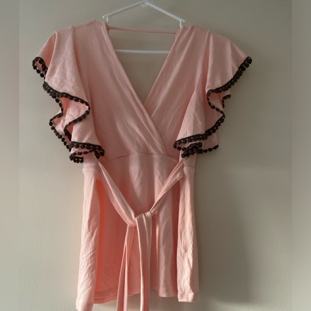 VENUS V-Neck Flutter Sleeves Blush Pink Feminine Blouse, size M
